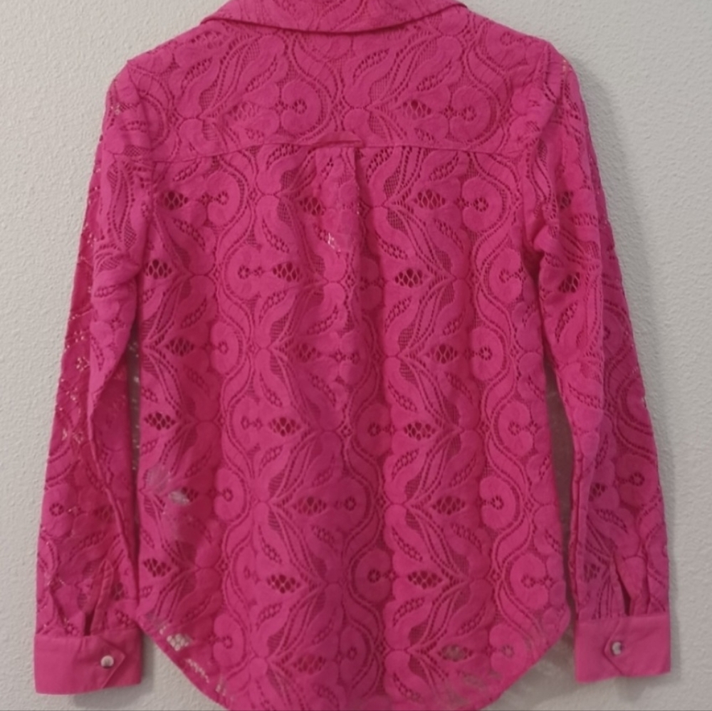 🆕 Sz 2 💗 Anthropologie Maeve—Floral Lace Button front top pink—rolled sleeves - Picture 3 of 7